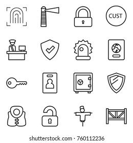 Thin line icon set : fingerprint, lighthouse, lock, customs, control, protected, alarm, passport, key, identity card, safe, shield, life vest, unlocked, scarecrow, farm fence