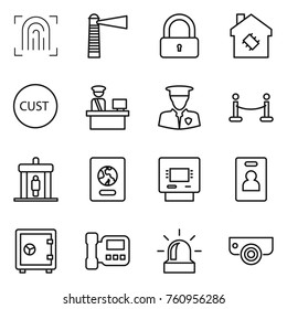 Thin line icon set : fingerprint, lighthouse, lock, smart house, customs, control, security man, vip fence, detector, passport, atm, identity card, safe, intercome, alarm, surveillance camera