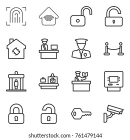 Thin line icon set : fingerprint, wireless home, unlock, smart house, customs control, security man, vip fence, detector, baggage checking, inspector, atm, locked, unlocked, key, surveillance camera