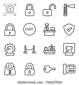 Thin line icon set : fingerprint, lock, unlock, lighthouse, customs, control, protected, alarm, vip fence, baggage checking, atm, life vest, locked, key, intercome