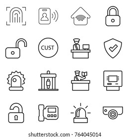 Thin line icon set : fingerprint, pass card, wireless home, lock, unlock, customs, control, protected, alarm, detector, inspector, atm, unlocked, intercome, surveillance camera