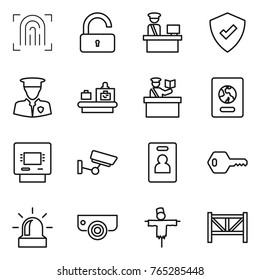 Thin line icon set : fingerprint, unlock, customs control, protected, security man, baggage checking, inspector, passport, atm, surveillance, identity card, key, alarm, camera, scarecrow, farm fence
