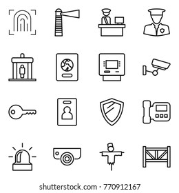 Thin line icon set : fingerprint, lighthouse, customs control, security man, detector, passport, atm, surveillance, key, identity card, shield, intercome, alarm, camera, scarecrow, farm fence