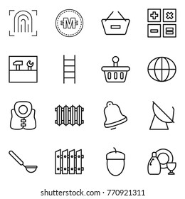 Thin line icon set : fingerprint, crypto currency, remove from basket, calculator, tools, stairs, globe, life vest, radiator, bell, satellite antenna, ladle, fence, acorn, dish cleanser