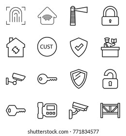 Thin line icon set : fingerprint, wireless home, lighthouse, lock, smart house, customs, protected, inspector, surveillance, key, shield, unlocked, intercome, camera, farm fence