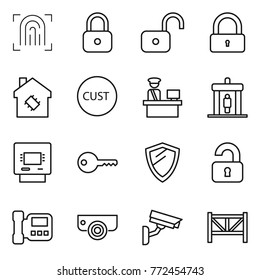 Thin line icon set : fingerprint, lock, unlock, smart house, customs, control, detector, atm, key, shield, unlocked, intercome, surveillance camera, farm fence