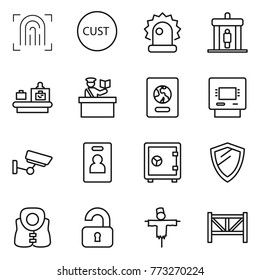 Thin line icon set : fingerprint, customs, alarm, detector, baggage checking, inspector, passport, atm, surveillance, identity card, safe, shield, life vest, unlocked, scarecrow, farm fence