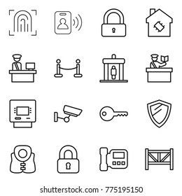 Thin line icon set : fingerprint, pass card, lock, smart house, customs control, vip fence, detector, inspector, atm, surveillance, key, shield, life vest, locked, intercome, farm