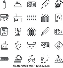 Thin Line Icon Set - fire vector, hose, fireplace, thermometer, heater, air conditioner, candle, water, smoke detector, radiator, warm floor