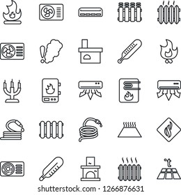 Thin Line Icon Set - fire vector, hose, fireplace, thermometer, heater, air conditioner, candle, water, smoke detector, radiator, warm floor