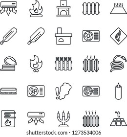 Thin Line Icon Set - fire vector, hose, fireplace, thermometer, heater, air conditioner, candle, water, smoke detector, radiator, warm floor