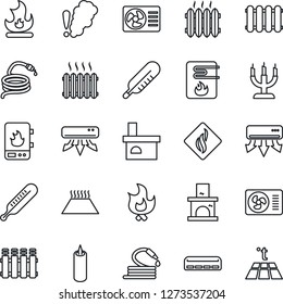 Thin Line Icon Set - fire vector, hose, fireplace, thermometer, heater, air conditioner, candle, water, smoke detector, radiator, warm floor