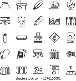 Thin Line Icon Set - fire vector, hose, fireplace, thermometer, heater, air conditioner, candle, water, smoke detector, radiator, warm floor