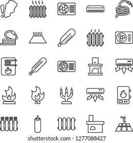 Thin Line Icon Set - fire vector, hose, fireplace, thermometer, heater, air conditioner, candle, water, smoke detector, radiator, warm floor