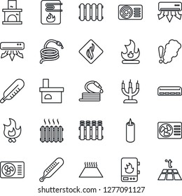 Thin Line Icon Set - fire vector, hose, fireplace, thermometer, heater, air conditioner, candle, water, smoke detector, radiator, warm floor