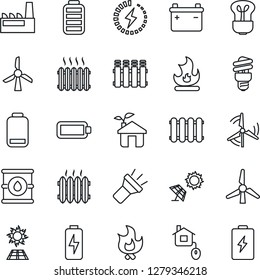 Thin Line Icon Set - fire vector, oil barrel, battery, low, torch, charge, windmill, heater, factory, home control, eco house, radiator, bulb, energy saving, sun panel
