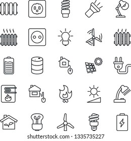 Thin Line Icon Set - fire vector, oil barrel, battery, torch, brightness, desk lamp, sun panel, windmill, heater, home control, eco house, socket, power plug, water, radiator, bulb, energy saving