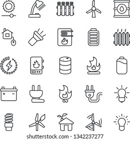 Thin Line Icon Set - fire vector, oil barrel, battery, torch, brightness, charge, desk lamp, windmill, heater, home control, eco house, power plug, water, radiator, bulb, energy saving, idea