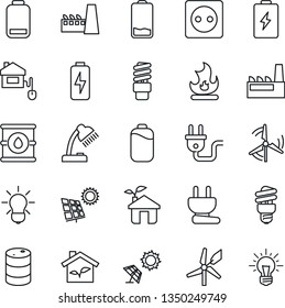 Thin Line Icon Set - fire vector, oil barrel, low battery, charge, desk lamp, sun panel, windmill, factory, home control, eco house, socket, power plug, bulb, energy saving, idea