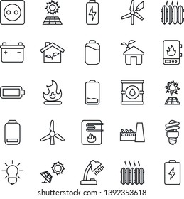 Thin Line Icon Set - fire vector, oil barrel, low battery, charge, desk lamp, sun panel, windmill, heater, factory, eco house, socket, water, bulb, energy saving