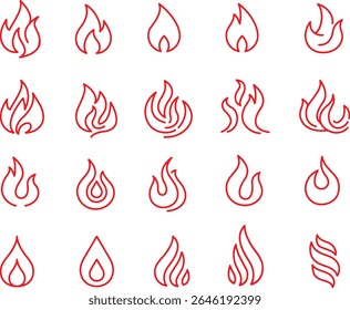 Thin line icon set of fire flame heat burn hot flaming campfire. Pixel perfect icons, editable stroke.