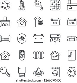 Thin Line Icon Set - fireplace vector, office phone, sale, sold signboard, key, bedroom, bathroom, cushioned furniture, sweet home, fridge, smart, estate insurance, control, chip, eco house, remote