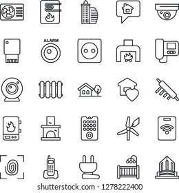 Thin Line Icon Set - fireplace vector, office phone, house with tree, building, children room, sweet home, rolling pin, socket, power plug, fingerprint, remote control, water heater, web camera