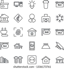 Thin Line Icon Set - fireplace vector, house, with garage, sale, rent, sold signboard, office building, estate agent, smart home, rolling pin, socket, power plug, fingerprint, snowflake, pc, bulb