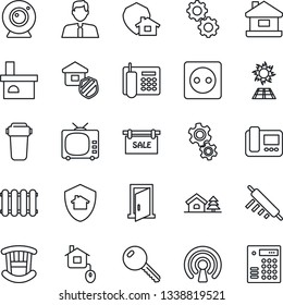 Thin Line Icon Set - fireplace vector, tv, office phone, house, with tree, sale, estate agent, key, children room, insurance, rolling pin, home control, socket, wireless, web camera, intercome, gear
