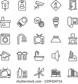Thin Line Icon Set - fireplace vector, bird house, radio phone, office building, bathroom, tv, estate insurance, eco, intercome, water filter, washer, warm floor, energy saving bulb, sound, door