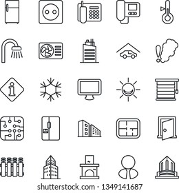 Thin Line Icon Set - fireplace vector, monitor, office building, phone, garage, plan, estate agent, bathroom, fridge, city house, chip, socket, snowflake, air conditioner, intercome, smoke detector