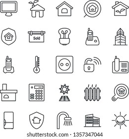 Thin Line Icon Set - fireplace vector, office phone, monitor, radio, building, house, sold signboard, estate search, bathroom, heater, fridge, insurance, eco, socket, wireless lock, thermometer