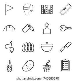 thin line icon set : flag, virtual mask, palace, level, greenhouse, label, baggage, key, golf, fence, cauldron, chef knife, spikelets, potato, vacuum cleaner, clipboard list