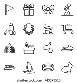 thin line icon set : flag, gift, bow, tourist, passenger, hawaiian wreath, aquapark, baggage trolley, hotel, reception, golf, jet ski, yacht, windsurfing, inflatable pool, rabbit