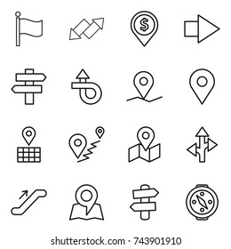 thin line icon set : flag, up down arrow, dollar pin, right, singlepost, trip, geo, map, route, escalator, signpost, compass
