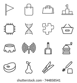 thin line icon set : flag, shopping bag, pedestal, chip, dna, puzzle, remove from basket, stadium, wireless, scoop, hand mill, steake, pear, clothespin, toilet brush
