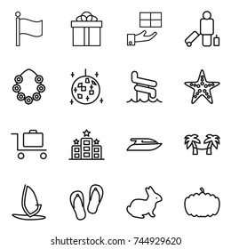 thin line icon set : flag, gift, passenger, hawaiian wreath, disco ball, aquapark, starfish, baggage trolley, hotel, yacht, palm hammock, windsurfing, flip flops, rabbit, pumpkin