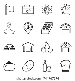 thin line icon set : flag, calendar, atom, table lamp, car pointer, dollar pin, brick, barn, dome house, warehouse, cherry, tomato, potato, wine, foam bucket