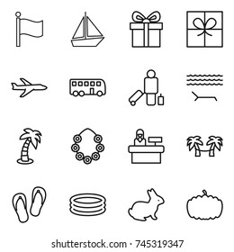 thin line icon set : flag, boat, gift, plane, bus, passenger, lounger, palm, hawaiian wreath, reception, hammock, flip flops, inflatable pool, rabbit, pumpkin