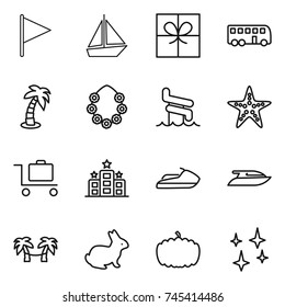 thin line icon set : flag, boat, gift, bus, palm, hawaiian wreath, aquapark, starfish, baggage trolley, hotel, jet ski, yacht, hammock, rabbit, pumpkin, shining
