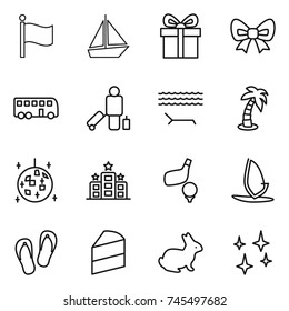 thin line icon set : flag, boat, gift, bow, bus, passenger, lounger, palm, disco ball, hotel, golf, windsurfing, flip flops, cake, rabbit, shining