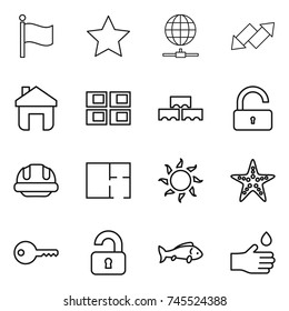 thin line icon set : flag, star, globe connect, up down arrow, home, panel house, block wall, unlock, building helmet, plan, sun, starfish, key, unlocked, fish, hand drop