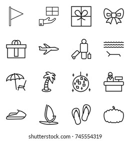 thin line icon set : flag, gift, bow, hi quality package, plane, passenger, lounger, palm, disco ball, reception, jet ski, windsurfing, flip flops, pumpkin