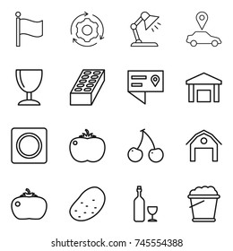 thin line icon set : flag, around gear, table lamp, car pointer, wineglass, brick, location details, warehouse, ring button, tomato, cherry, barn, potato, wine, foam bucket
