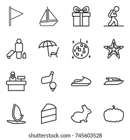 thin line icon set : flag, boat, gift, tourist, passenger, lounger, disco ball, starfish, reception, golf, jet ski, yacht, windsurfing, cake, rabbit, pumpkin