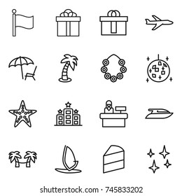 thin line icon set : flag, gift, hi quality package, plane, lounger, palm, hawaiian wreath, disco ball, starfish, hotel, reception, yacht, hammock, windsurfing, cake, shining