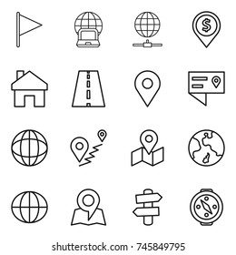 thin line icon set : flag, notebook globe, connect, dollar pin, home, road, geo, location details, route, map, earth, signpost, compass