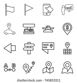 thin line icon set : flag, touch, presentation, car pointer, market scales, dollar pin, left arrow, singlepost, location details, map, route a to b