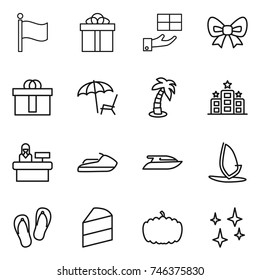 thin line icon set : flag, gift, bow, hi quality package, lounger, palm, hotel, reception, jet ski, yacht, windsurfing, flip flops, cake, pumpkin, shining