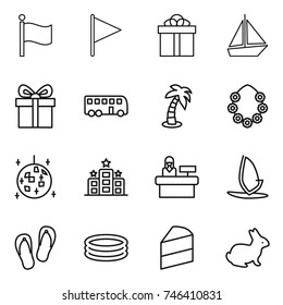 thin line icon set : flag, gift, boat, bus, palm, hawaiian wreath, disco ball, hotel, reception, windsurfing, flip flops, inflatable pool, cake, rabbit